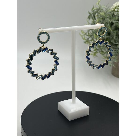 Lulus Blue Without You Blue Hues Rhinestone Statement Earrings Signed Disc Back - Picture 10 of 14